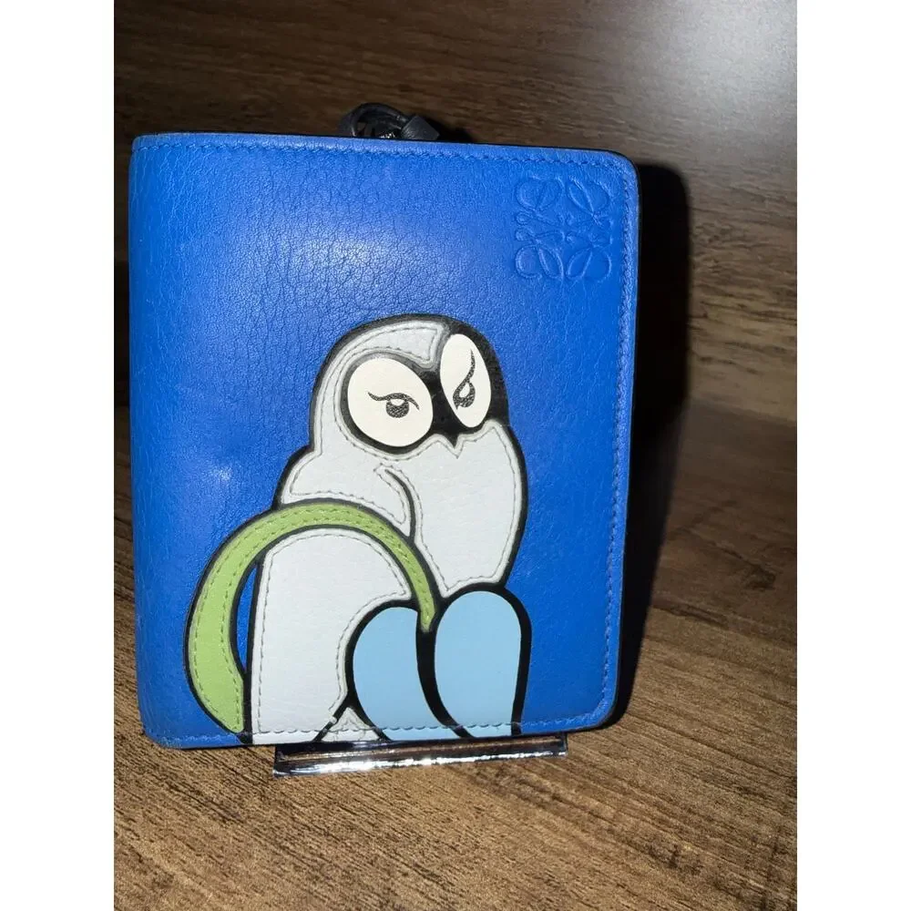 Loewe Blue Leather Owl Zip Wallet with coa